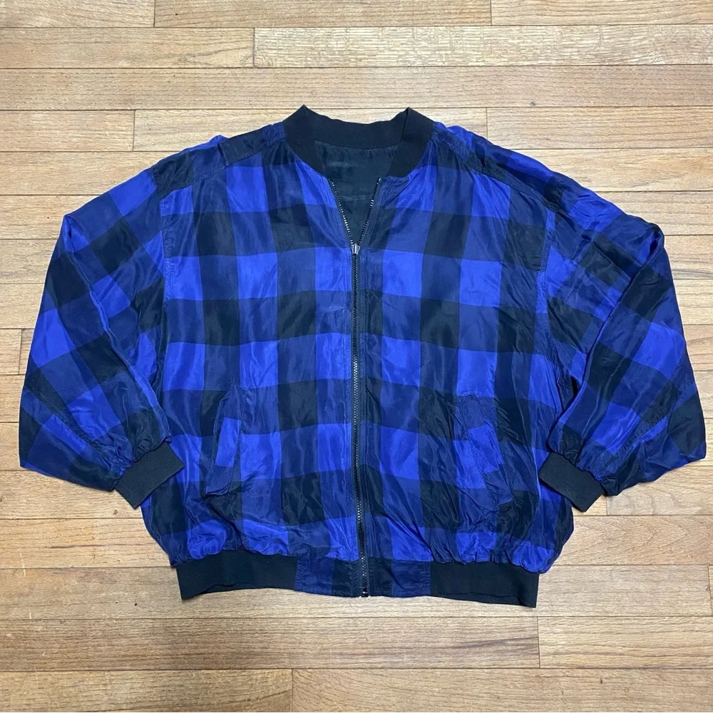 Blue and Black Plaid Bomber Jacket